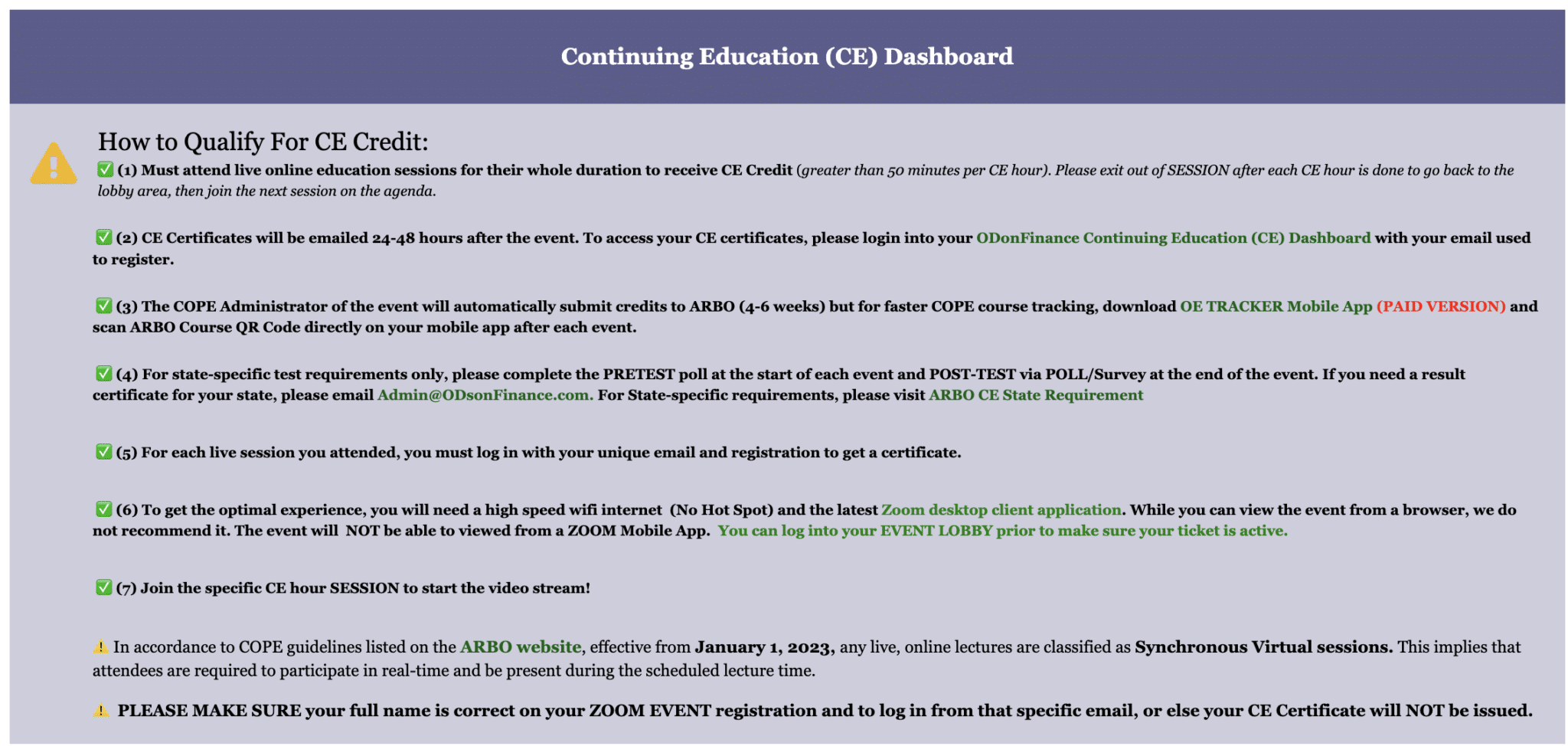 Continuing Education Dashboard - ODs on Finance